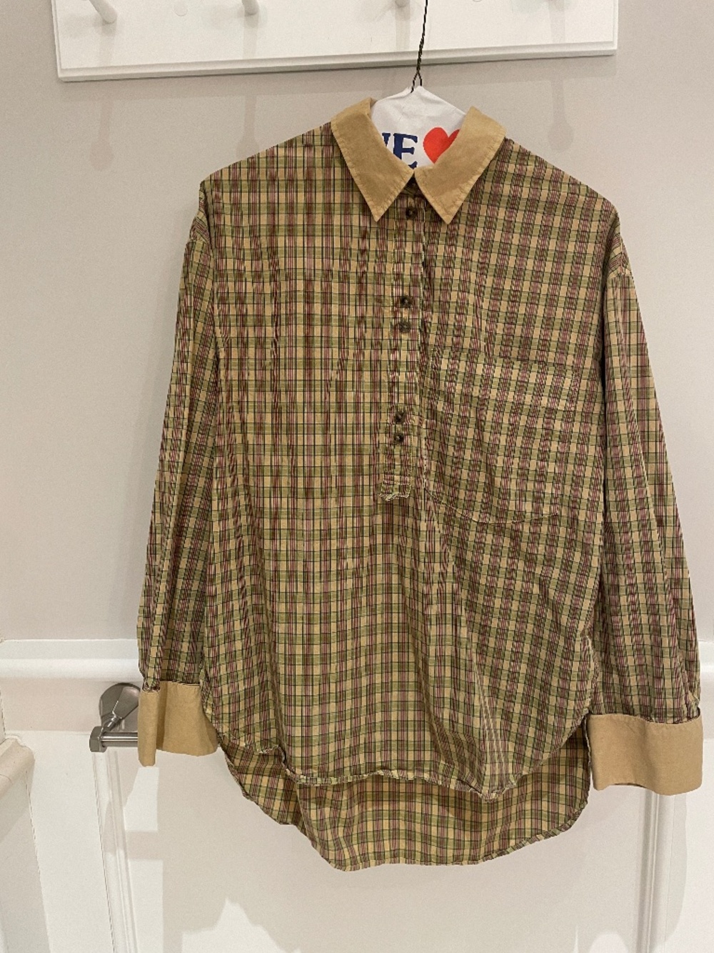 Banana Republic gold and earth tones plaid long sleeve tunic blouse sz. XS